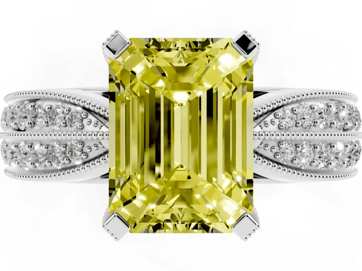 Fancy Yellow Emerald Cut Diamond Solitaire Ring with Milgrain Round Pavé Band and Prong Setting Silver
