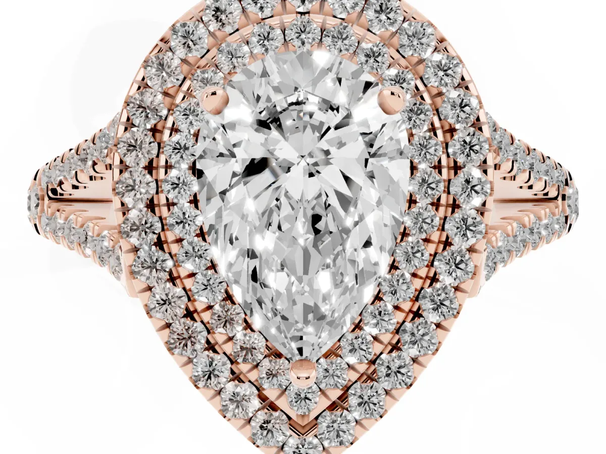 Pear Cut Diamond Double Halo Ring with Pavé Band and Prong Setting Rose gold