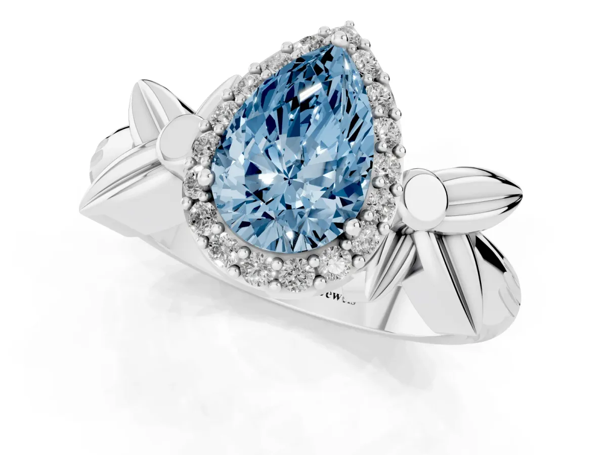 Fancy Blue Pear Cut Halo Diamond Floral Band with Four-Prong Setting Silver