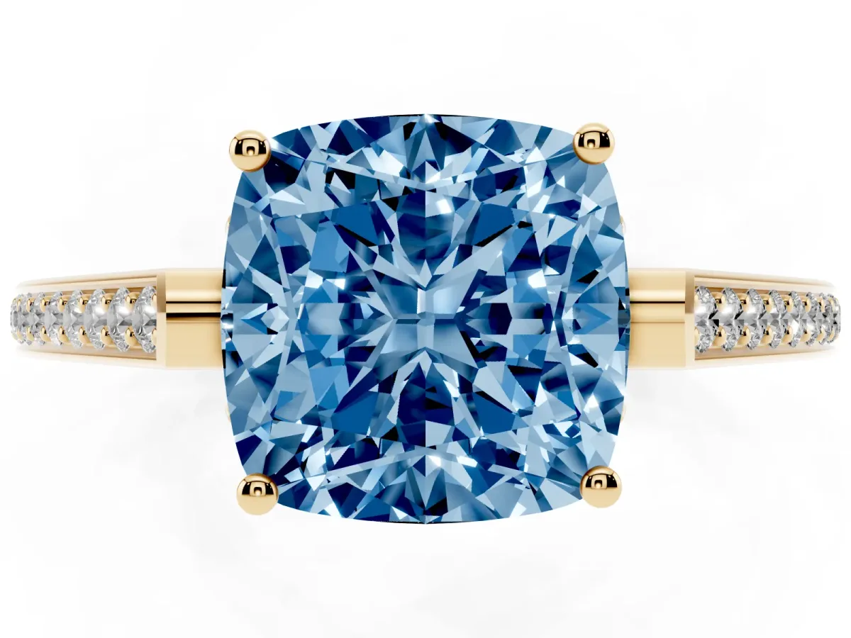 Fancy Blue Cushion Cut Cut Cathedral Pave Diamond Engagement Ring with Six-Prong Setting Yellow gold