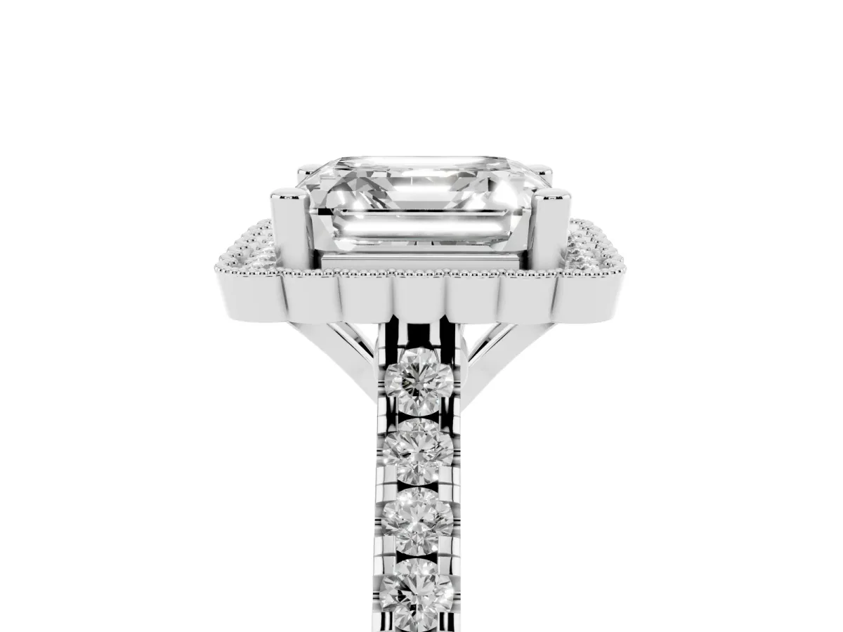 Asscher Cut Cut Diamond Milgrain Floral Halo Engagement Ring with Pavé Band Silver