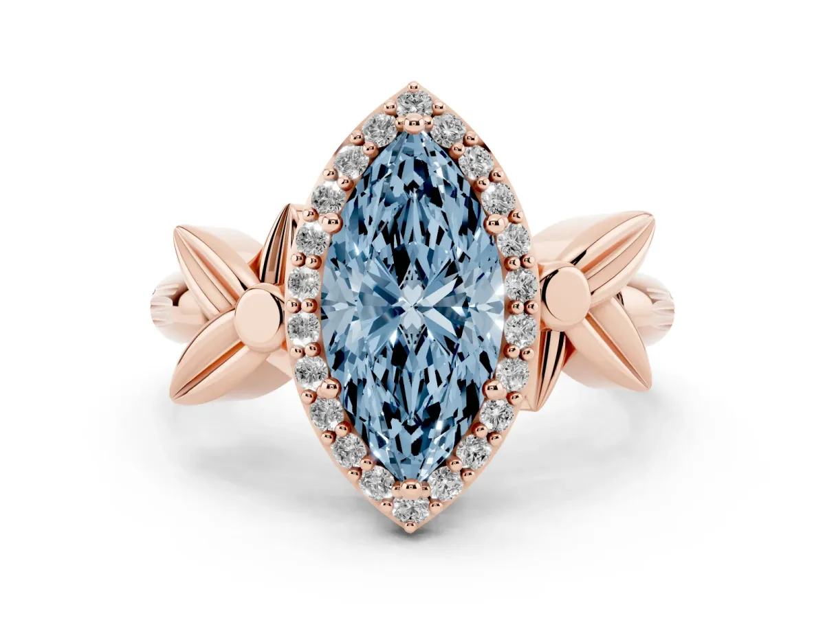 Fancy Blue Marquise Cut Halo Diamond Floral Band with Four-Prong Setting Rose gold