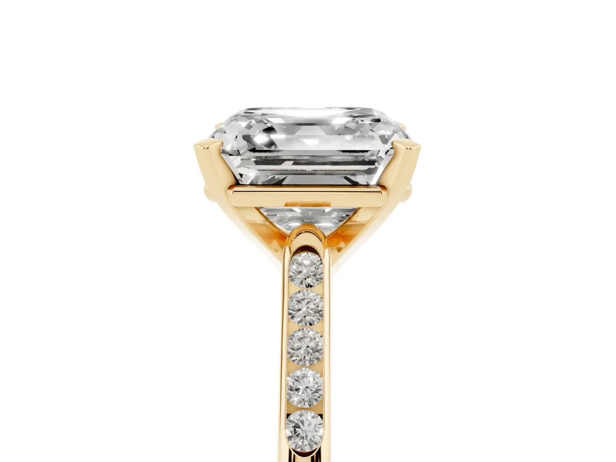 Asscher Cut Diamond Solitaire Ring with Channel Set Round Band and Prong Setting Yellow gold