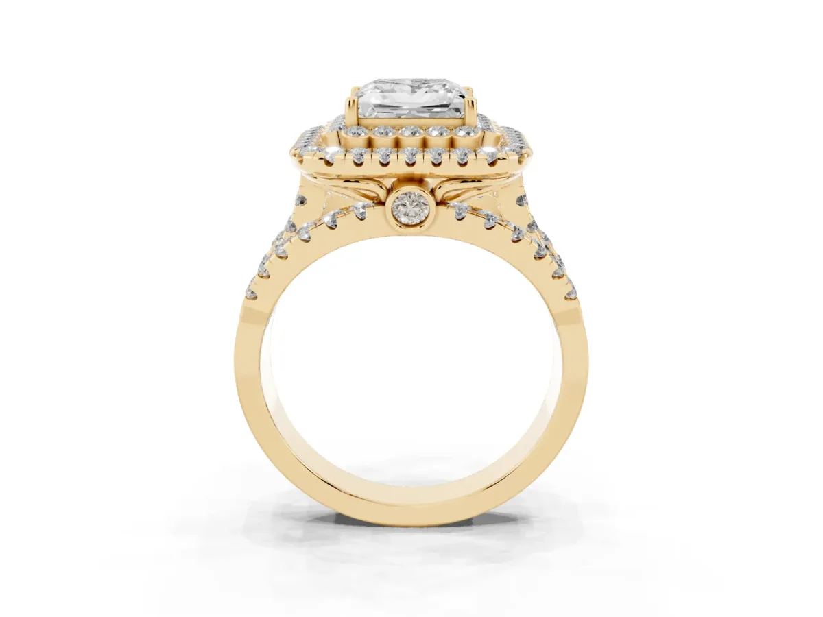 Princess Cut Diamond Double Halo Ring with Round Pavé Split Shank and Prong Setting Yellow gold
