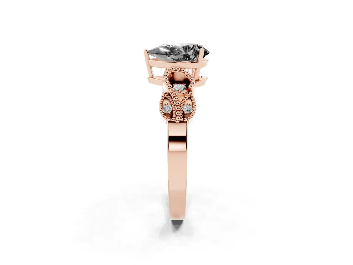 Fancy Black Pear Cut Solitaire Milgrain Leaf Band with Prong Setting Rose gold