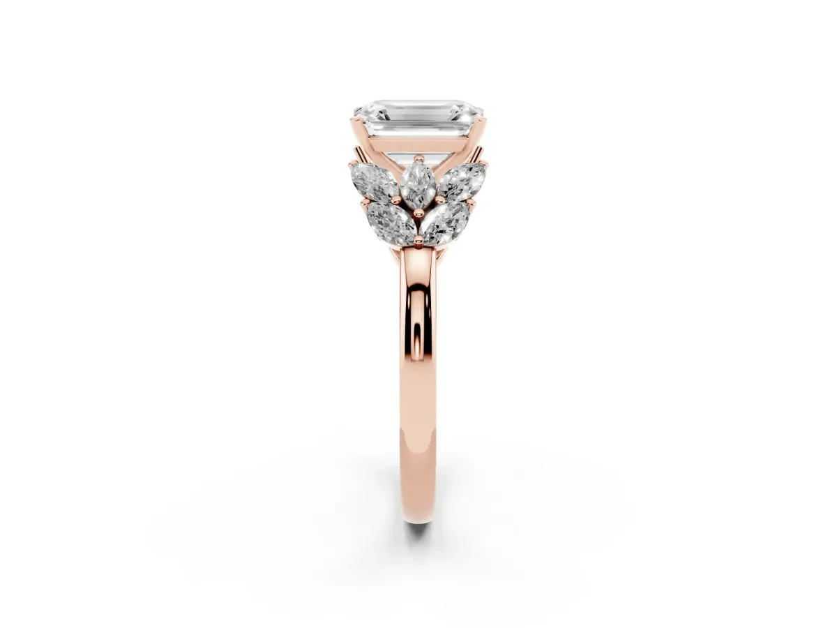 Emerald Cut Diamond Cluster Leaf Design Ring with Prong Setting Rose gold