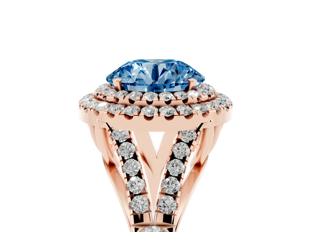 Fancy Blue Round Cut Cut Double Halo Split Shank Diamond Ring with Prong Setting Rose gold