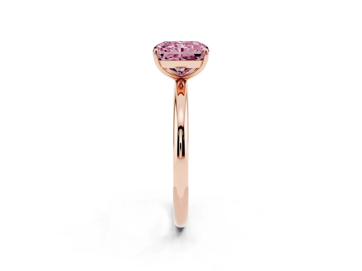 Fancy Pink Radiant Cut Solitaire Diamond Ring with Four-Prong Setting on a Plain Band Rose gold