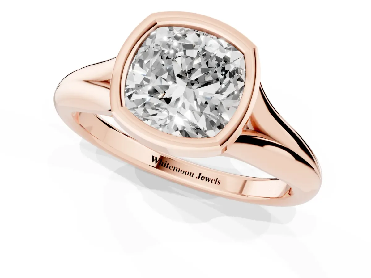 Bezel Set Cushion Cut Solitaire Diamond Ring with Smooth Band Rose gold