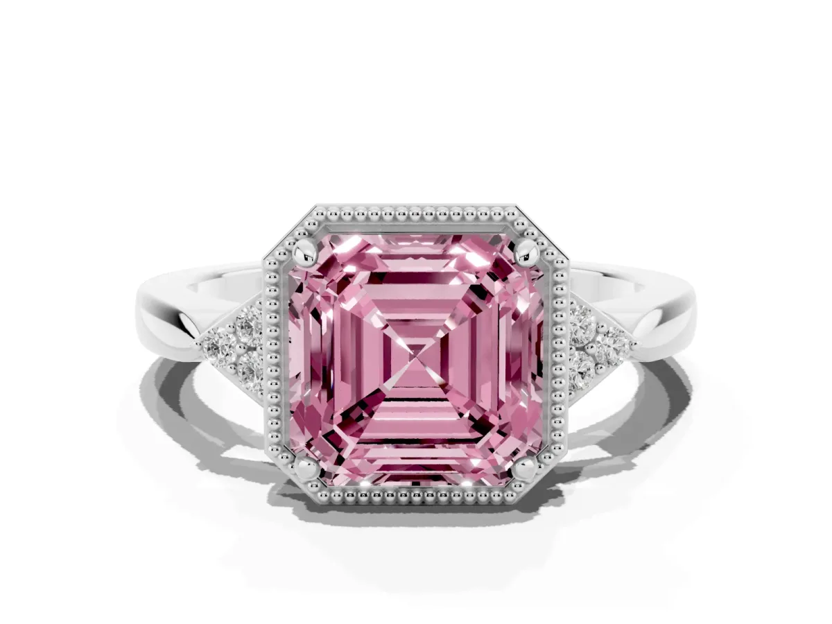Fancy Pink Milgrain Asscher Cut Cut Diamond Ring with Tapered Pave Band and Four Prong Setting White gold