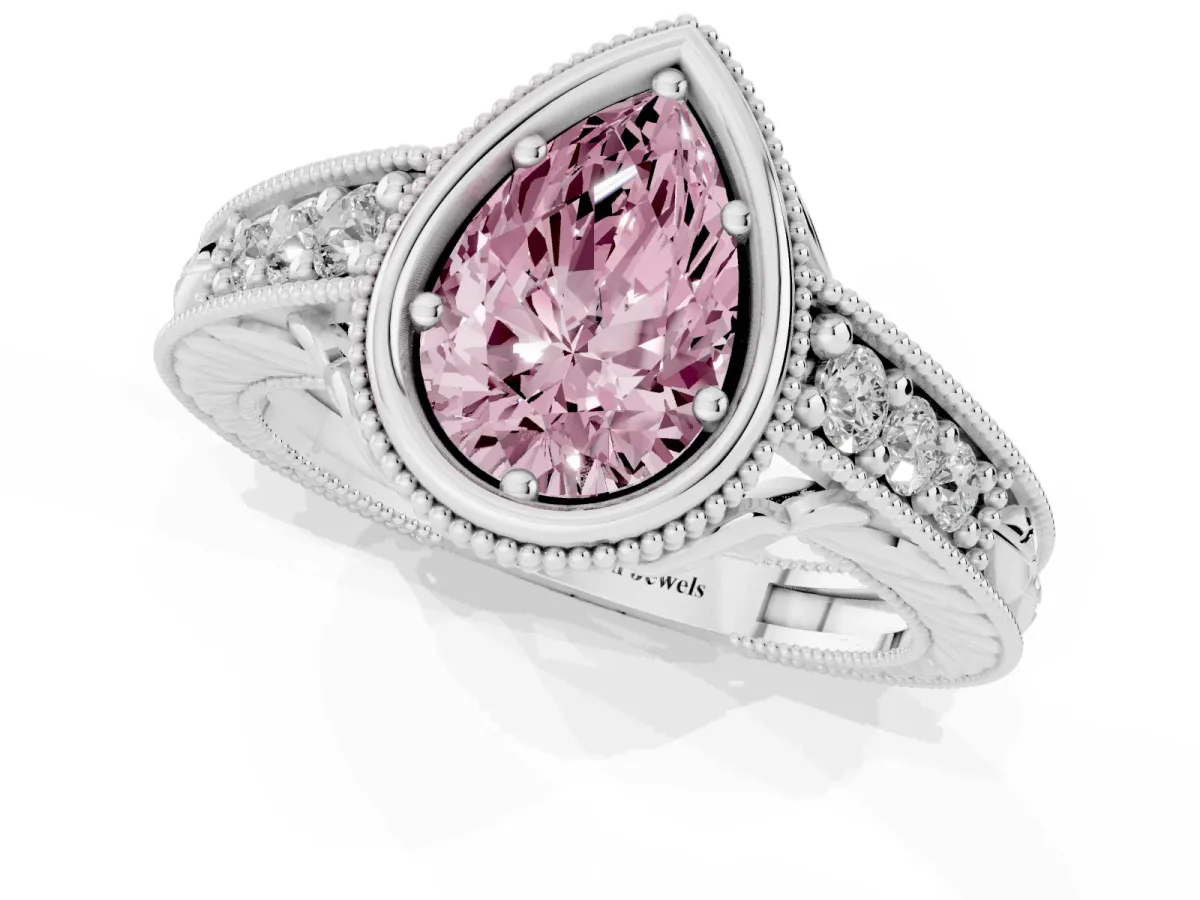 Fancy Pink Bezel Set Pear Cut Diamond Milgrain Pave Engagement Ring Platinum