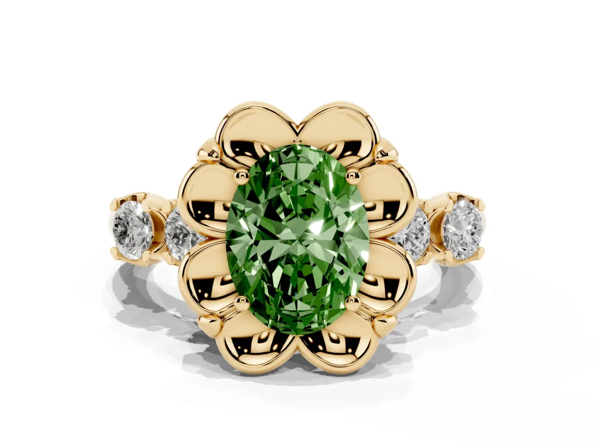 Fancy Green Oval Cut Cut Diamond Floral Halo Engagement Ring with Shared Prong Setting Yellow gold