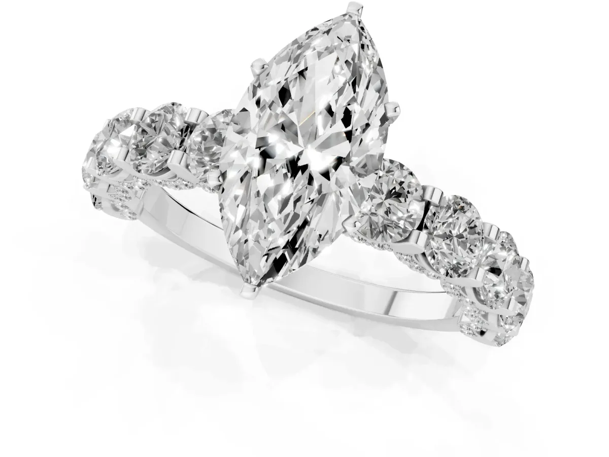 Marquise Cut Diamond Side Stone Engagement Ring with Four-Prong Setting White gold