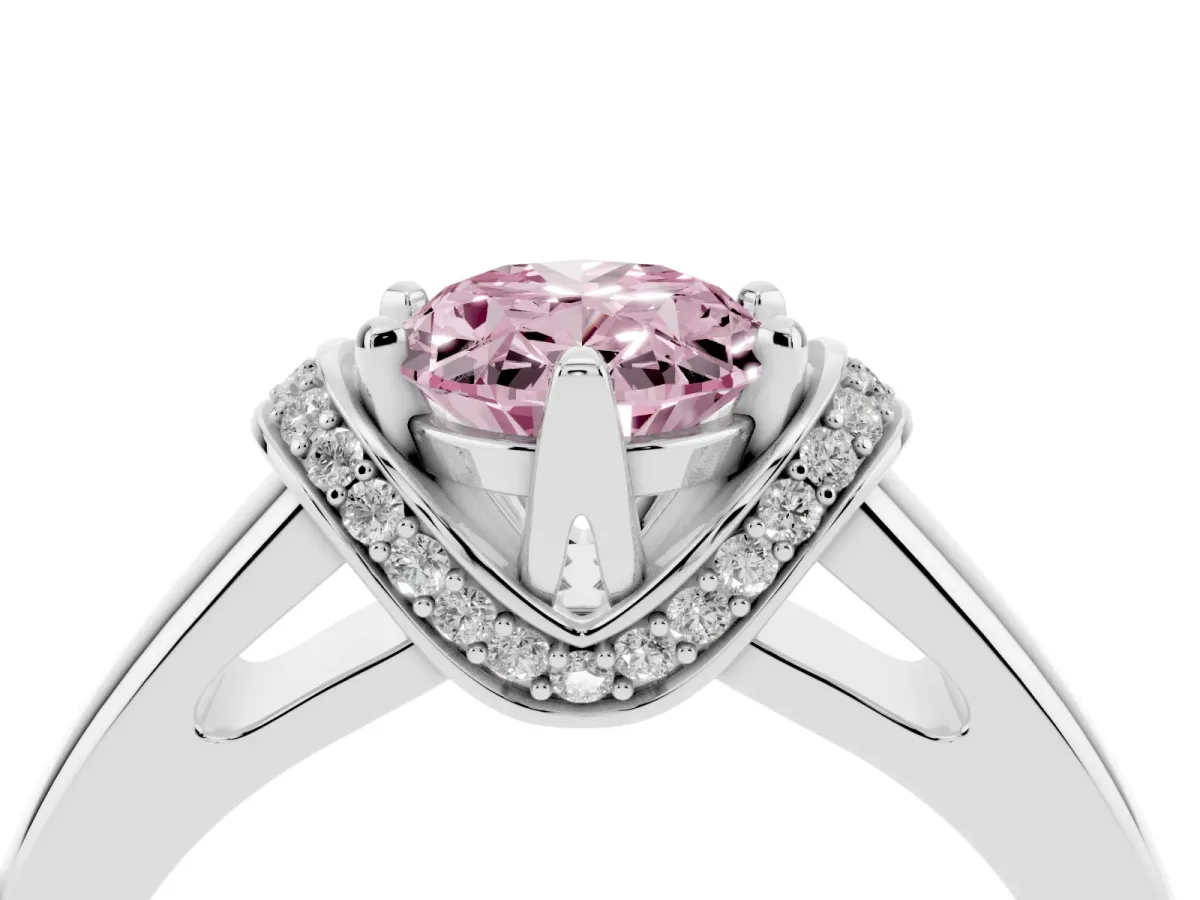 Fancy Pink Oval Cut Solitaire Diamond Ring with Pave Band and Six-Prong Setting Silver