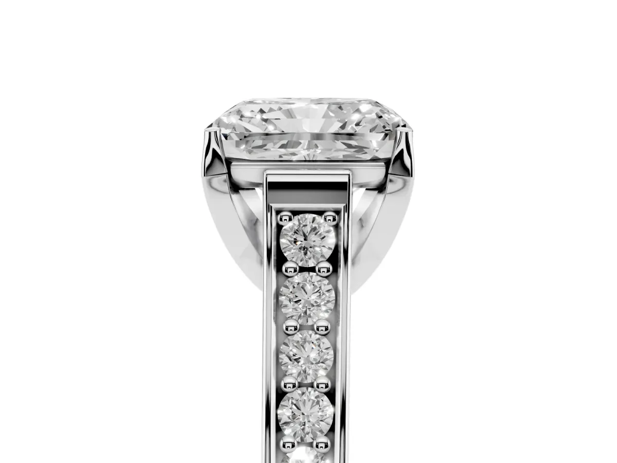 Radiant Cut Brilliant Cut Diamond Engagement Ring with Pavé Band and Four-Prong Setting Platinum