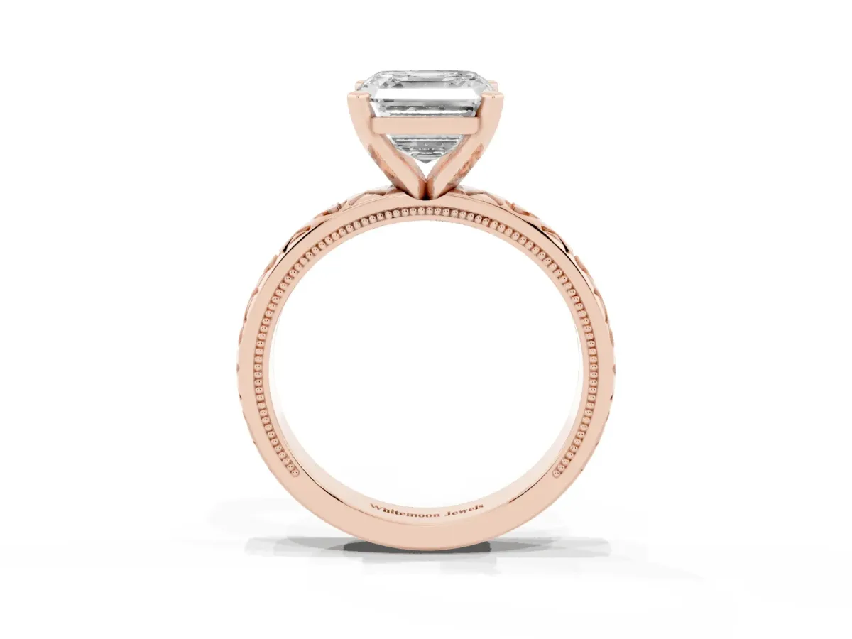 Asscher Cut Solitaire Diamond Engagement Ring with XO Engraved Band and Four-Prong Setting Rose gold
