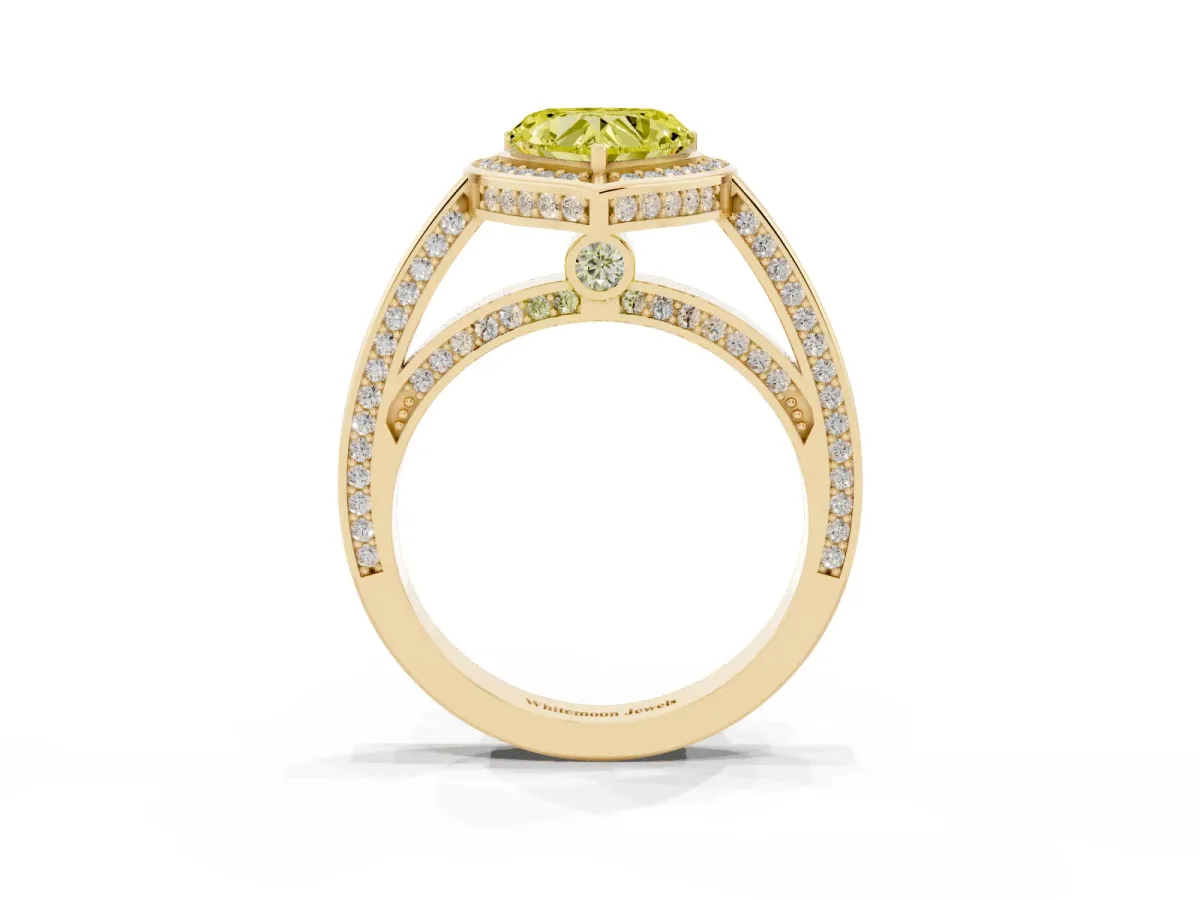 Fancy Yellow Heart Cut Cut Halo Pave Split Shank Prong Setting Ring Yellow gold