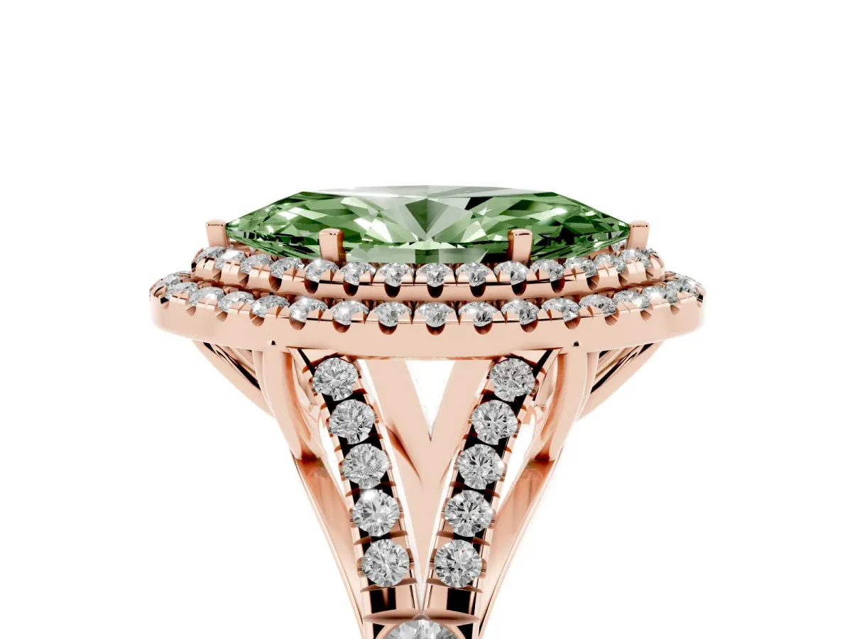 Fancy Green Double Halo Marquise Cut Diamond Split Shank Engagement Ring with Four-Prong Setting Rose gold