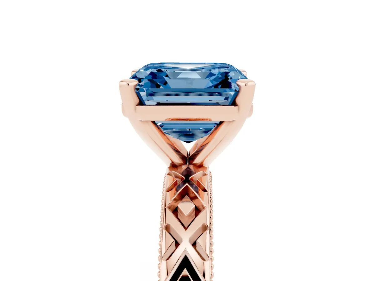 Fancy Blue Asscher Cut Solitaire Diamond Ring with Milgrain and Black Enamel X Pattern Band Rose gold