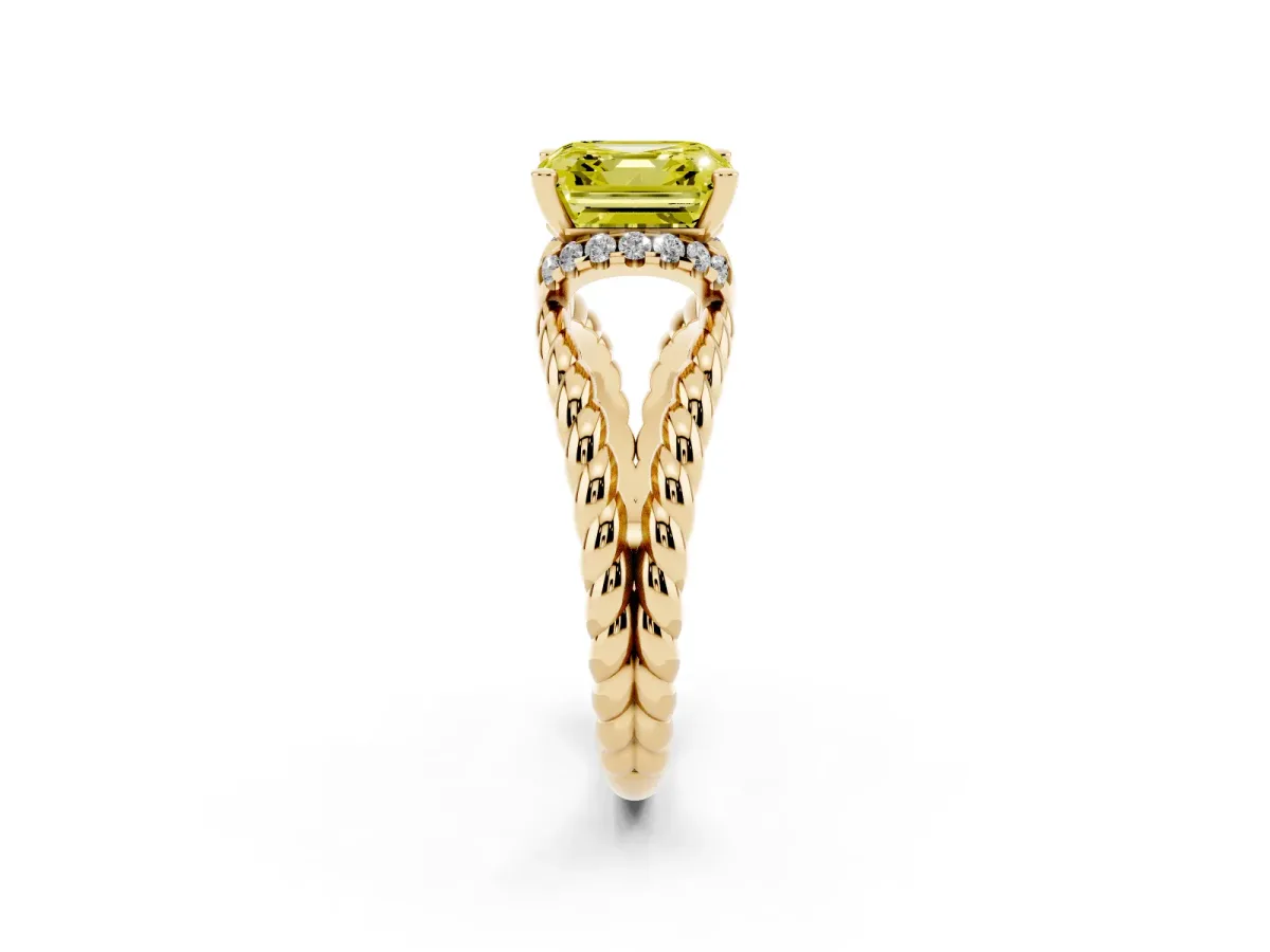 Fancy Yellow Asscher Cut Halo Twisted Band Four-Prong Ring Yellow gold