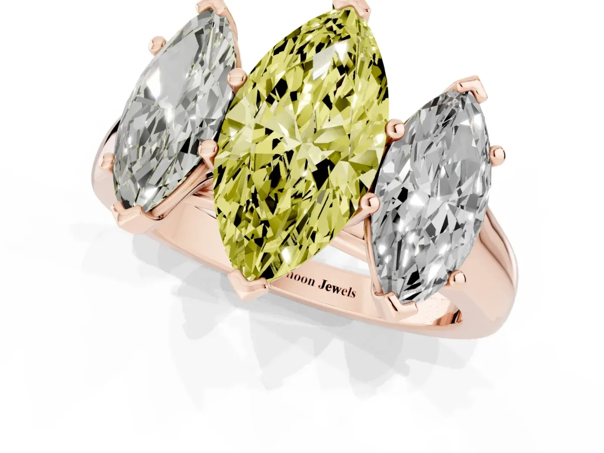 Fancy Yellow Marquise Cut Three-Stone Diamond Ring with Prong Setting on a Classic Band Rose gold