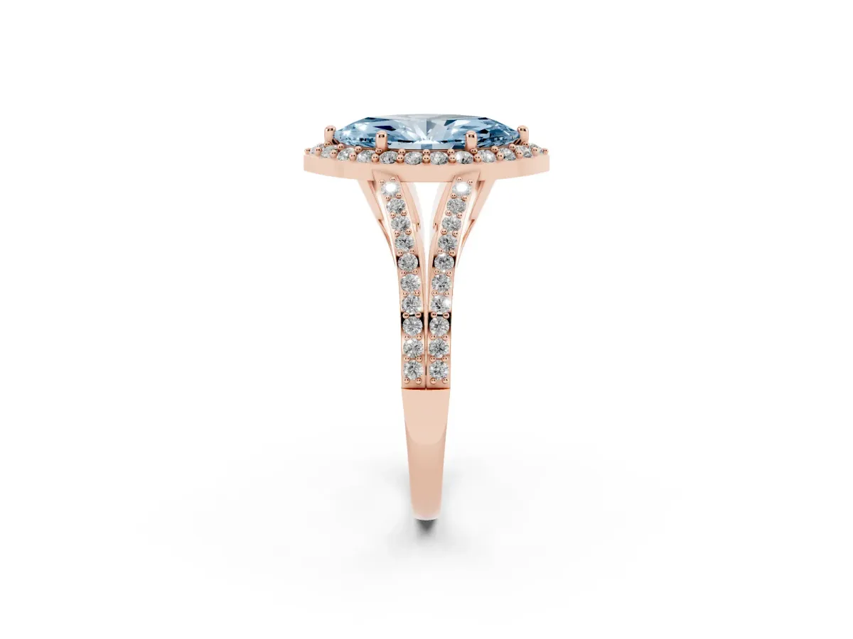 Fancy Blue Marquise Cut Halo Split Shank Pave Diamond Ring with Four-Prong Setting Rose gold