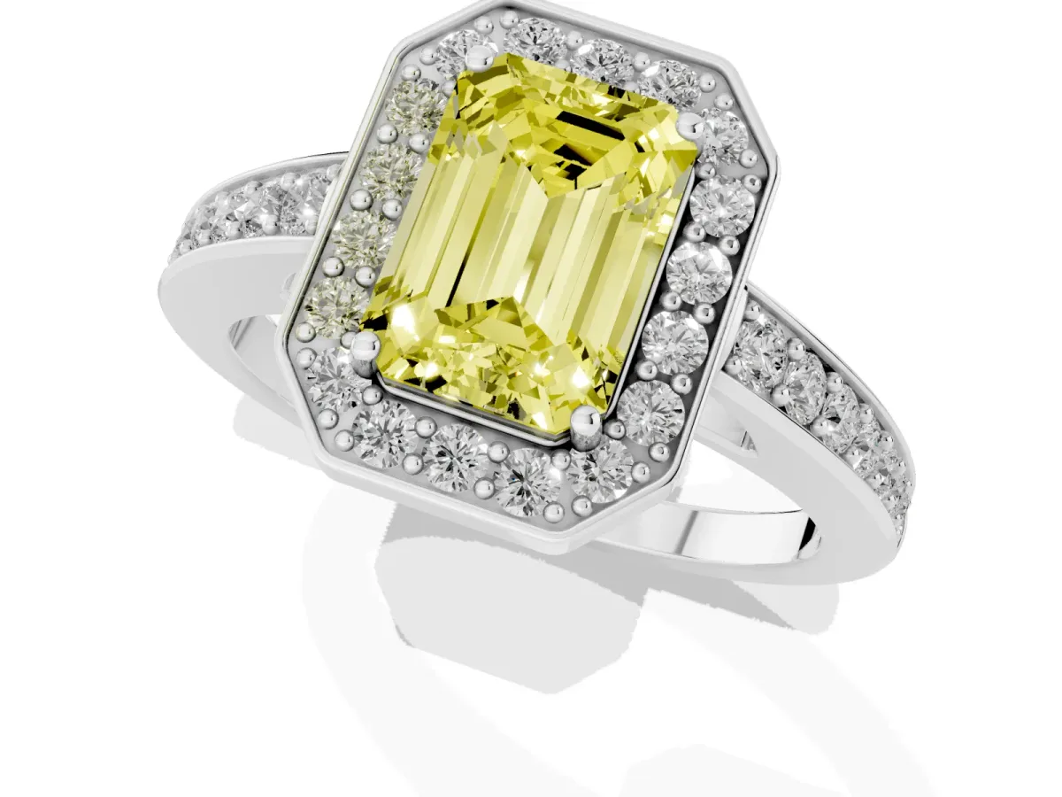 Fancy Yellow Emerald Cut Halo Pavé Diamond Engagement Ring with Bezel Setting Silver