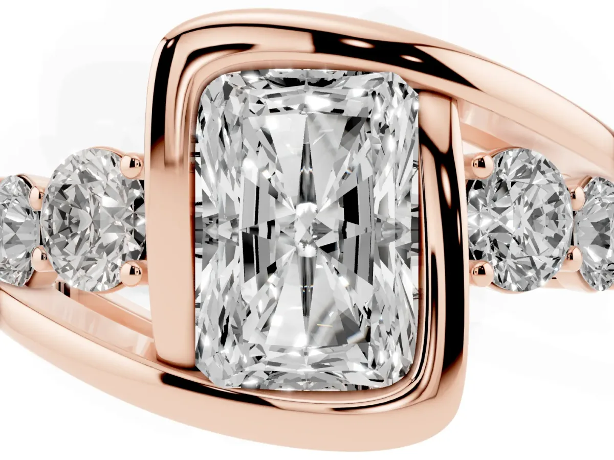 Bezel Set Radiant Cut Diamond Bypass Ring with Round Accents Rose gold