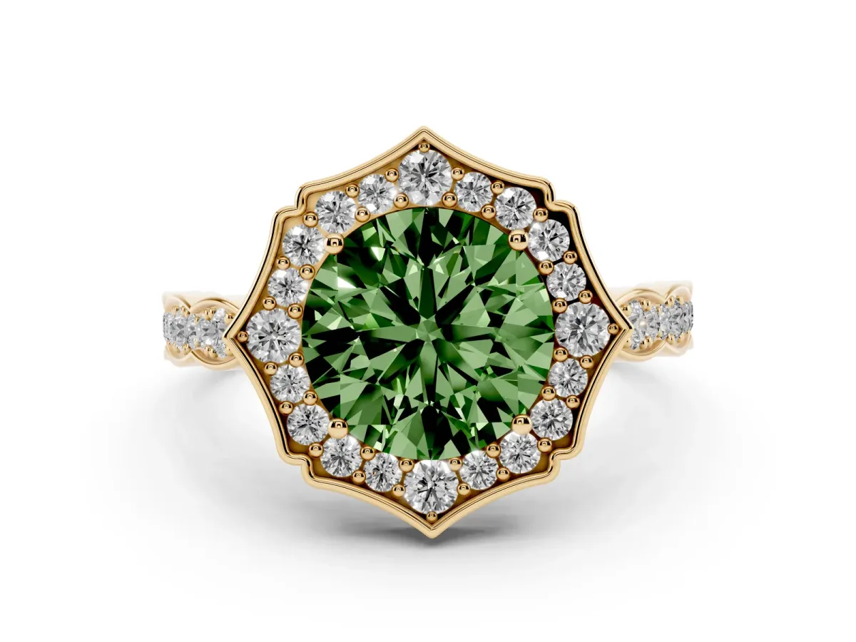 Fancy Green Round Cut Halo Diamond Engagement Ring with Milgrain Band and Four-Prong Setting Yellow gold