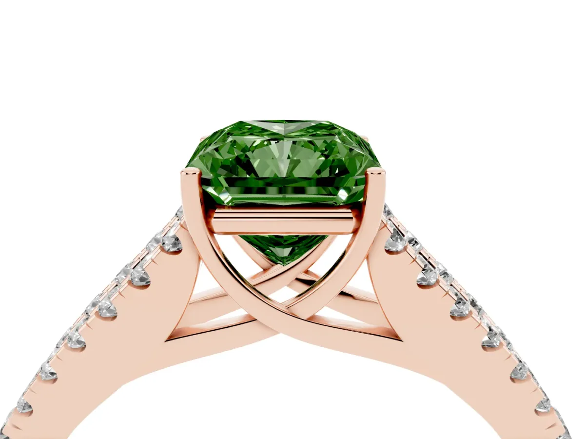 Fancy Green Radiant Cut Diamond Split Shank Engagement Ring with Round Pavé and Prong Setting Rose gold
