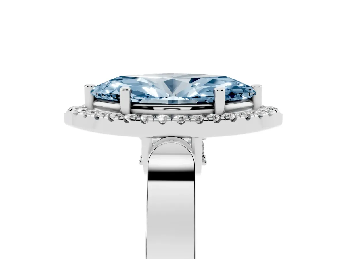 Fancy Blue Marquise Cut Halo Round Diamond Twist Band with Four-Prong Setting White gold