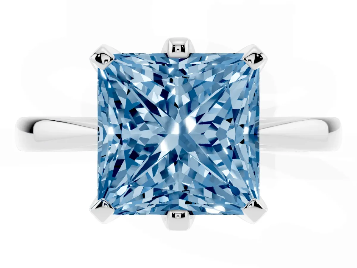 Fancy Blue Princess Cut Solitaire Engagement Ring with Six-Prong Setting and Tapered Band Silver