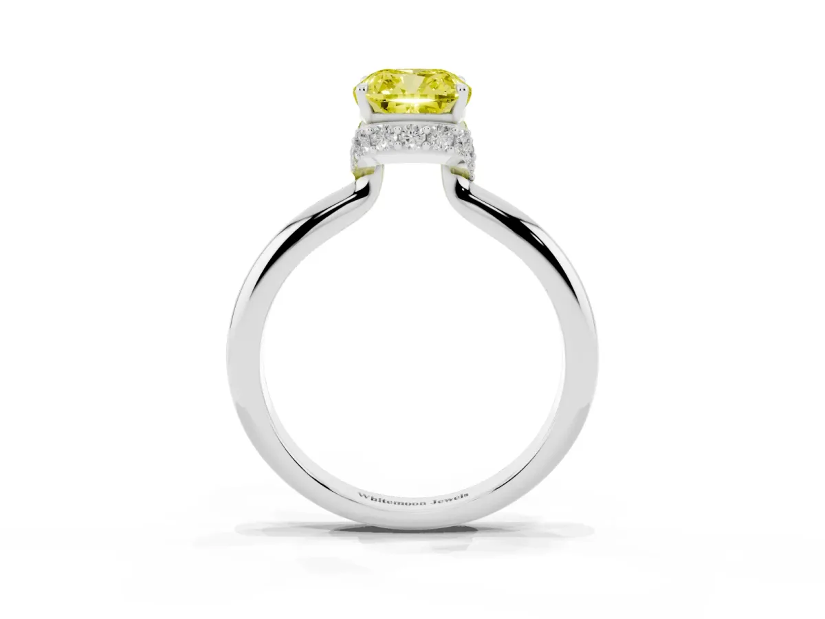 Fancy Yellow Cushion Cut Brilliant Solitaire Engagement Ring with Six-Prong Setting and Classic Band Silver
