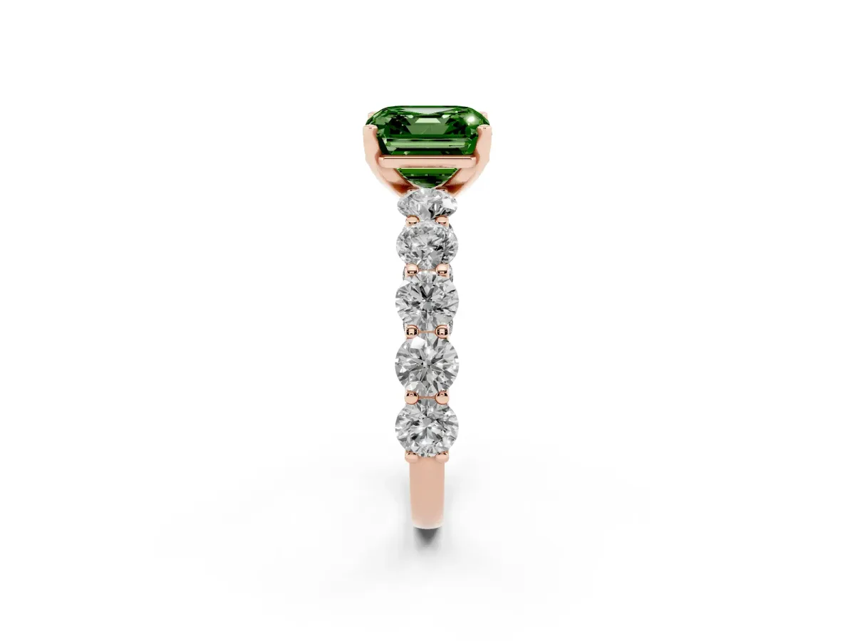 Fancy Green Asscher Cut Diamond Prong Setting with Side Stones on a Pave Band Rose gold