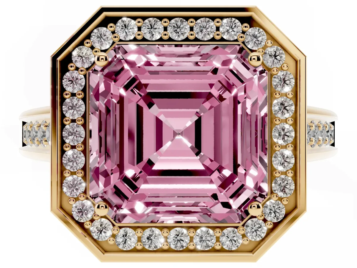 Fancy Pink Asscher Cut Halo Solitaire Diamond Ring with Pave Band and Bezel Setting Yellow gold