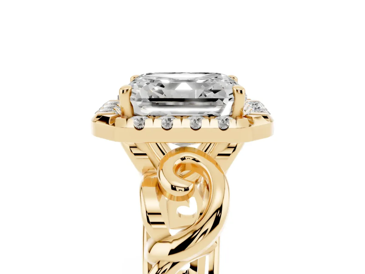 Asscher Cut Cut Halo Diamond Ring with Scrollwork Band and Four-Prong Setting Yellow gold