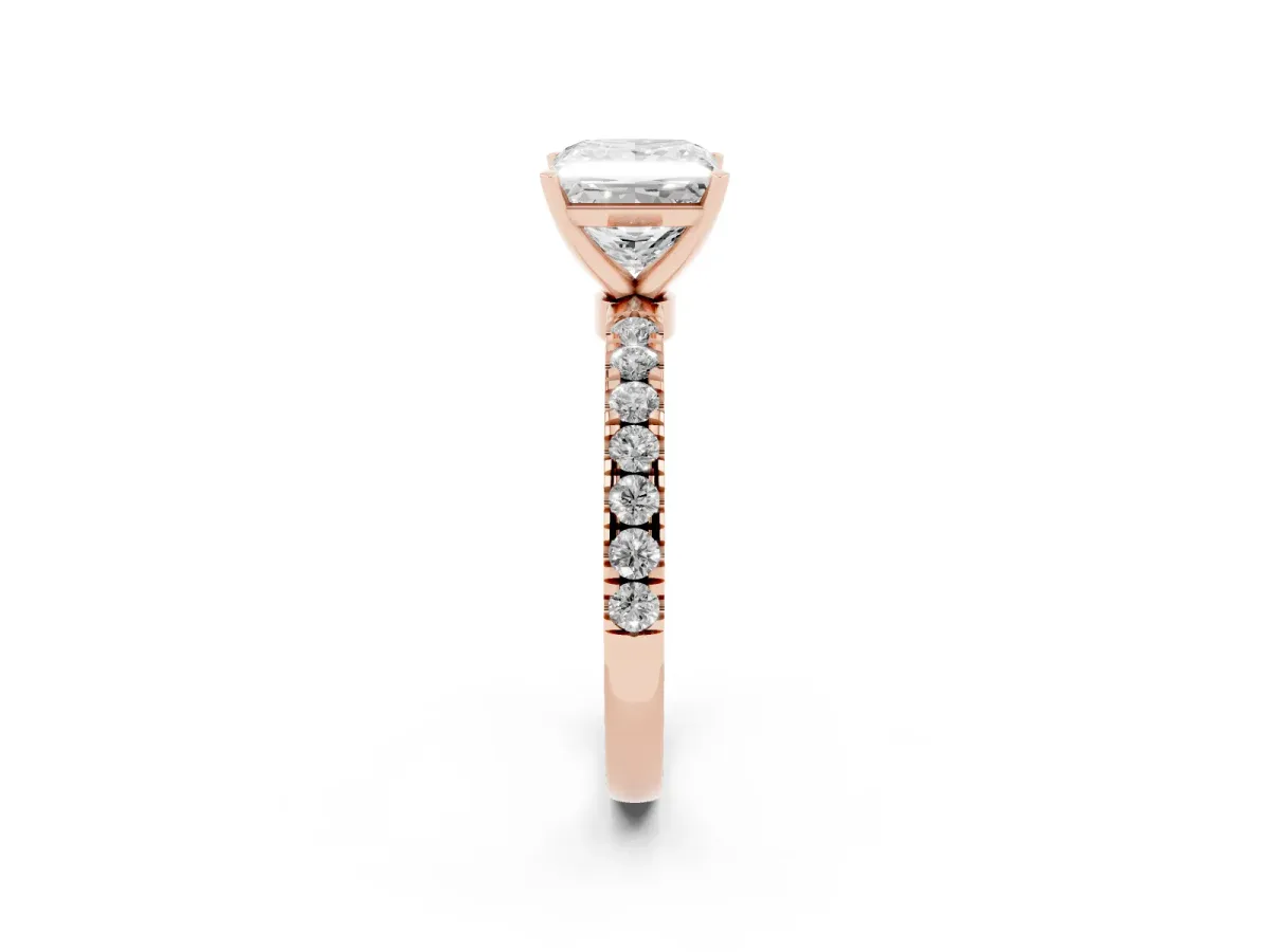 Princess Cut Diamond Solitaire Ring with Pavé Accents and Four-Prong Setting Rose gold
