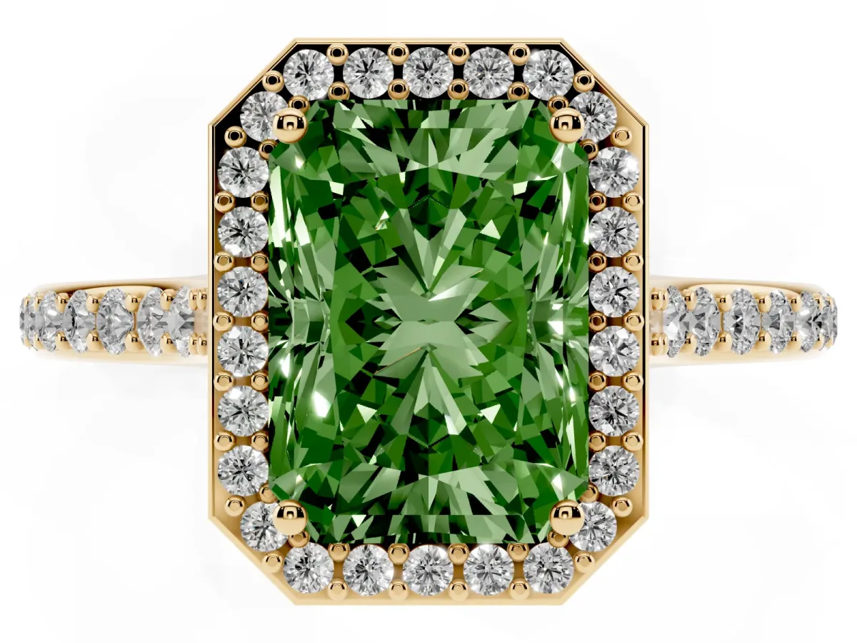 Fancy Green Radiant Cut Diamond Halo Engagement Ring with Round Pavé Shoulders and Prong Setting Yellow gold
