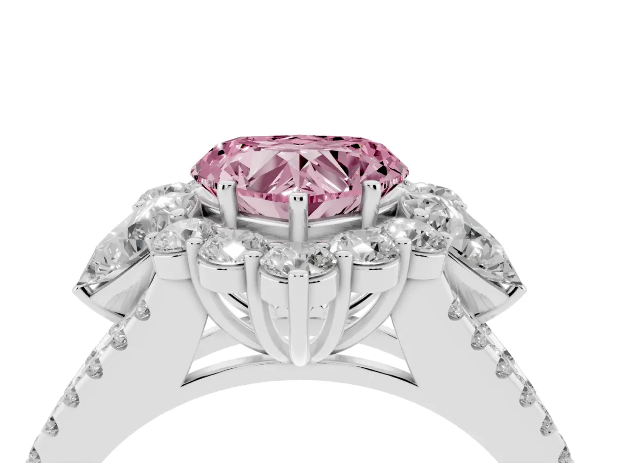 Fancy Pink Heart Cut Halo Split Shank Diamond Engagement Ring with Prong Setting Silver