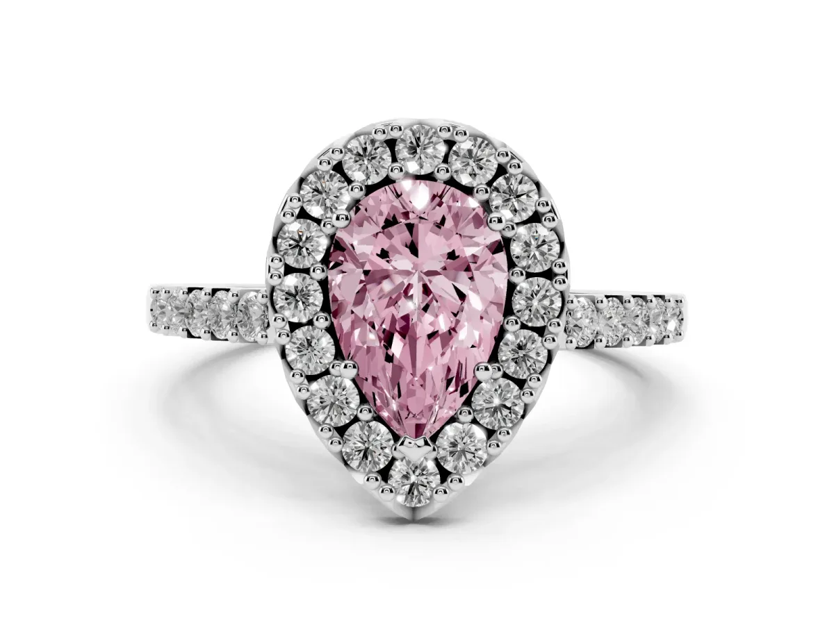 Fancy Pink Pear Cut Halo Diamond Pavé Solitaire Ring Platinum
