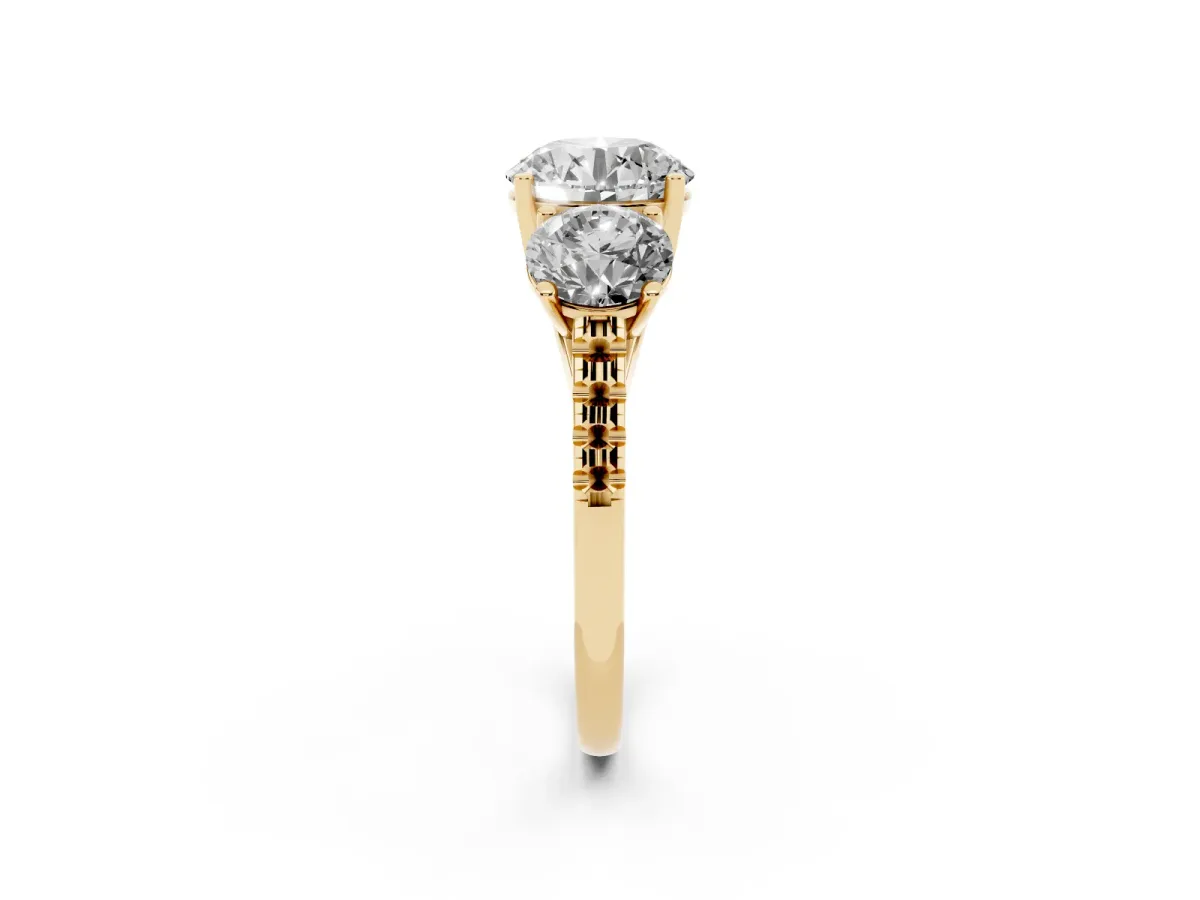 Three-Stone Round Cut Diamond Ring with Round Pavé Band and Prong Setting Yellow gold