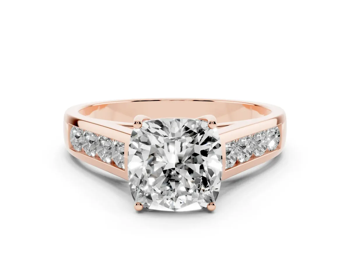 Cushion Cut Brilliant Channel-Set Solitaire Ring with Four-Prong Setting Rose gold