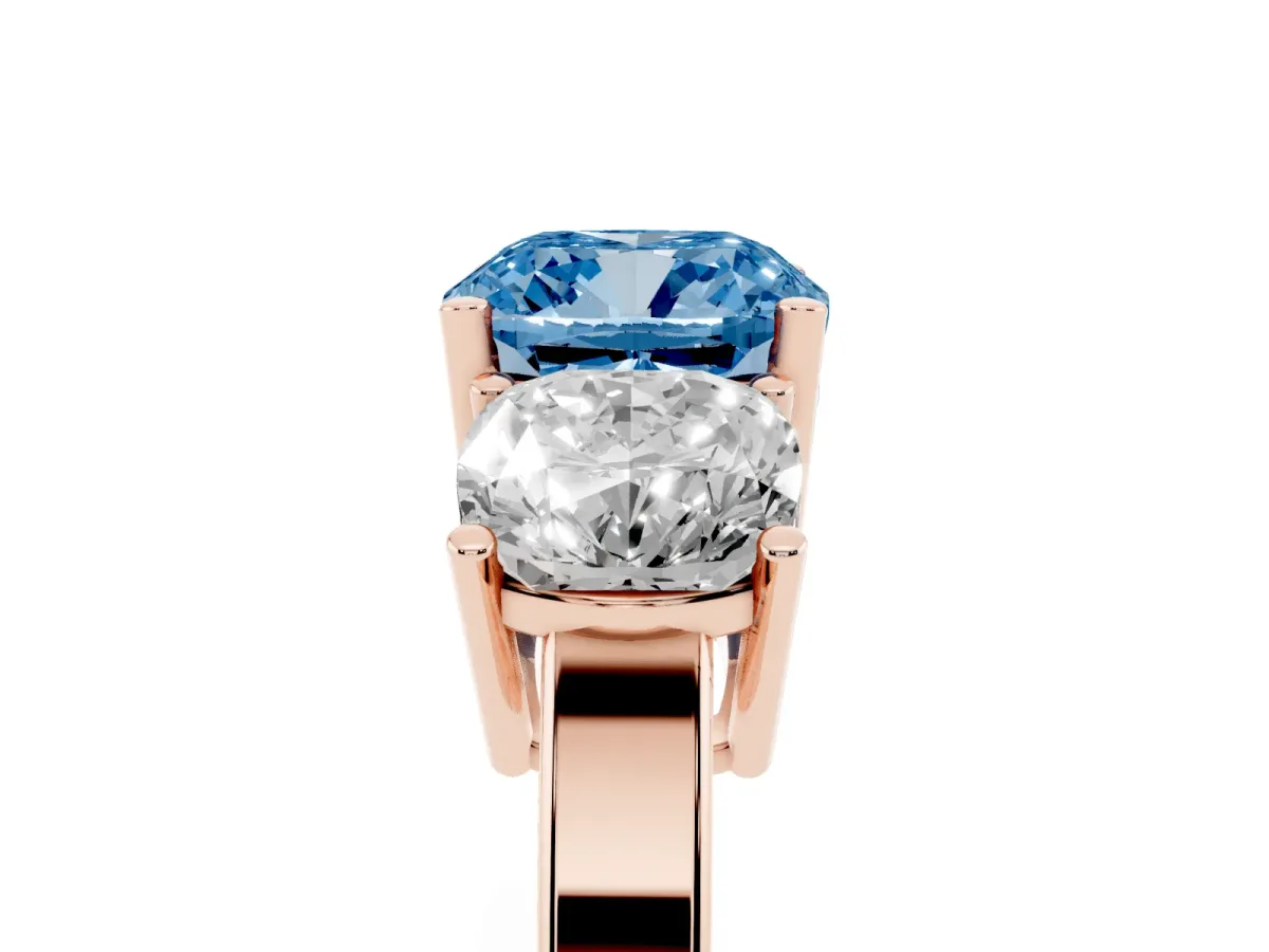 Fancy Blue Three-Stone Cushion Cut Cut Diamond Engagement Ring with Flat Band and Four-Prong Setting Rose gold