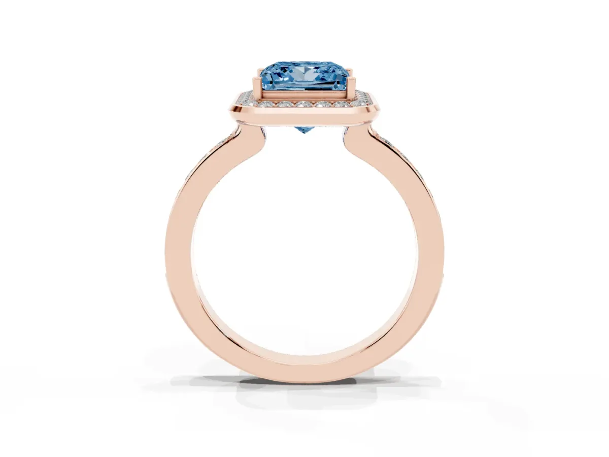 Fancy Blue Princess Cut Diamond Halo Ring with Bezel Frame and Pavé Band Rose gold