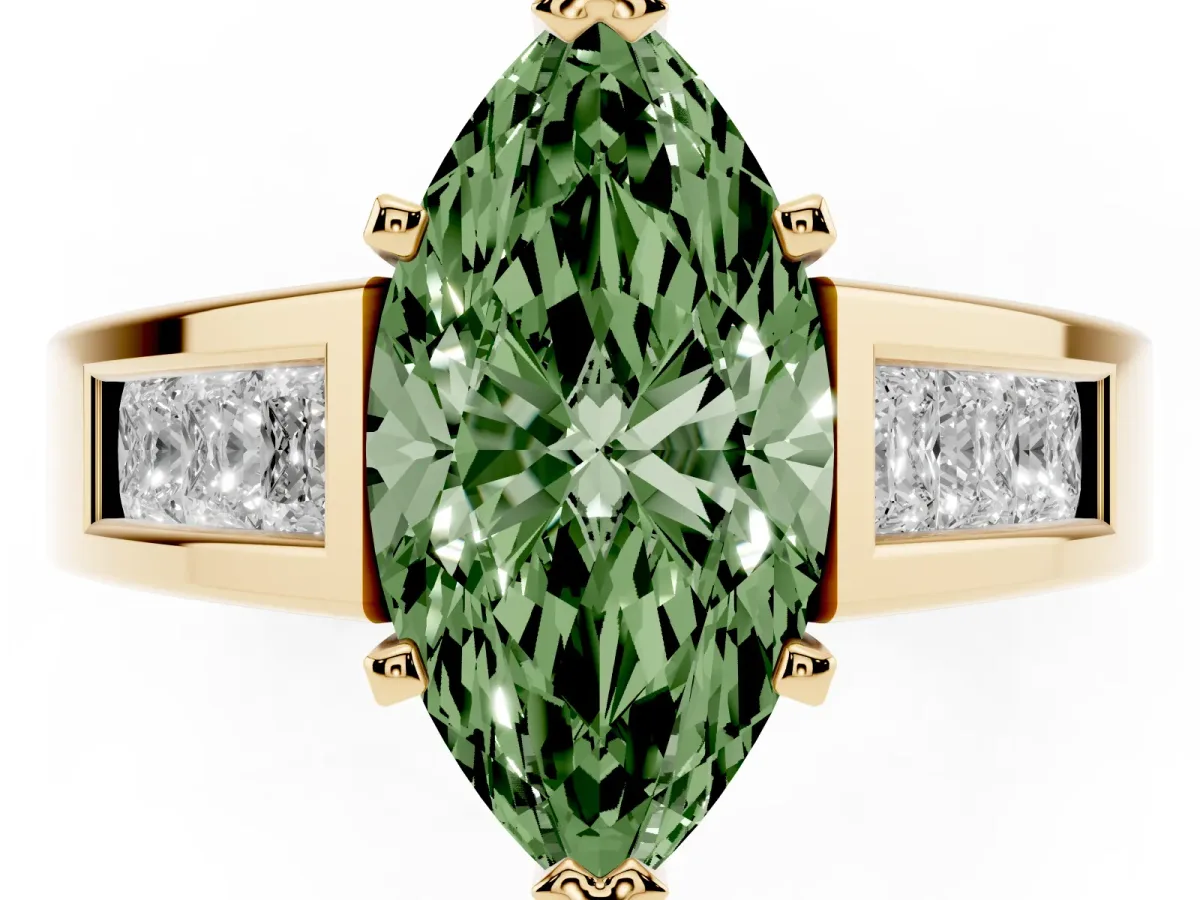 Fancy Green Marquise Cut Cut Channel Set Solitaire Ring with Four-Prong Setting Yellow gold