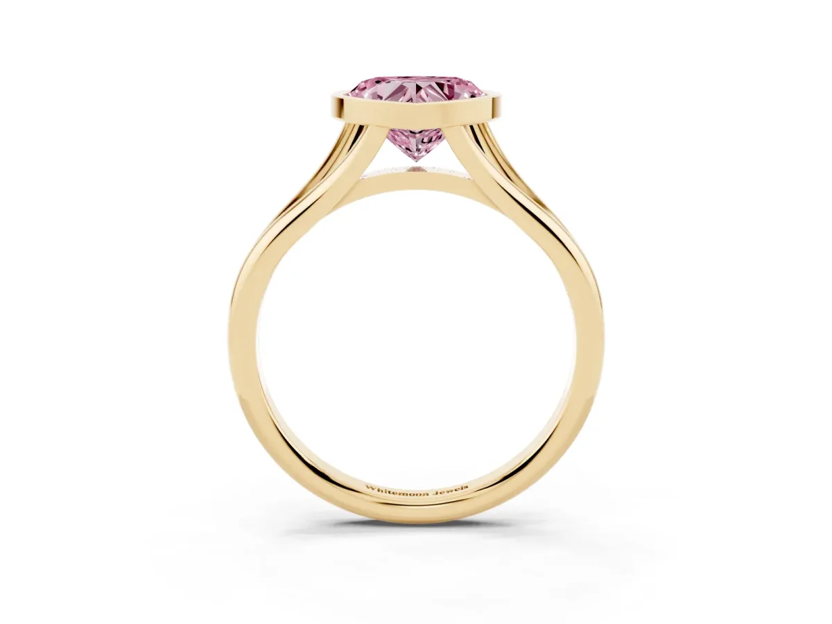 Fancy Pink Bezel Set Heart Cut Cut Solitaire Ring with Tapered Band Yellow gold