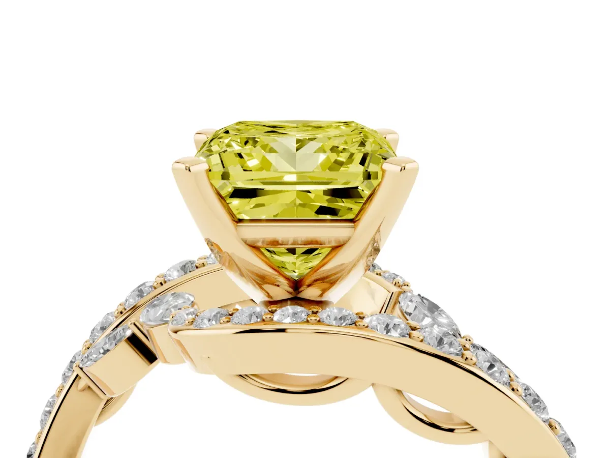Fancy Yellow Princess Cut Solitaire with Pavé Twist Band and Four-Prong Setting Yellow gold