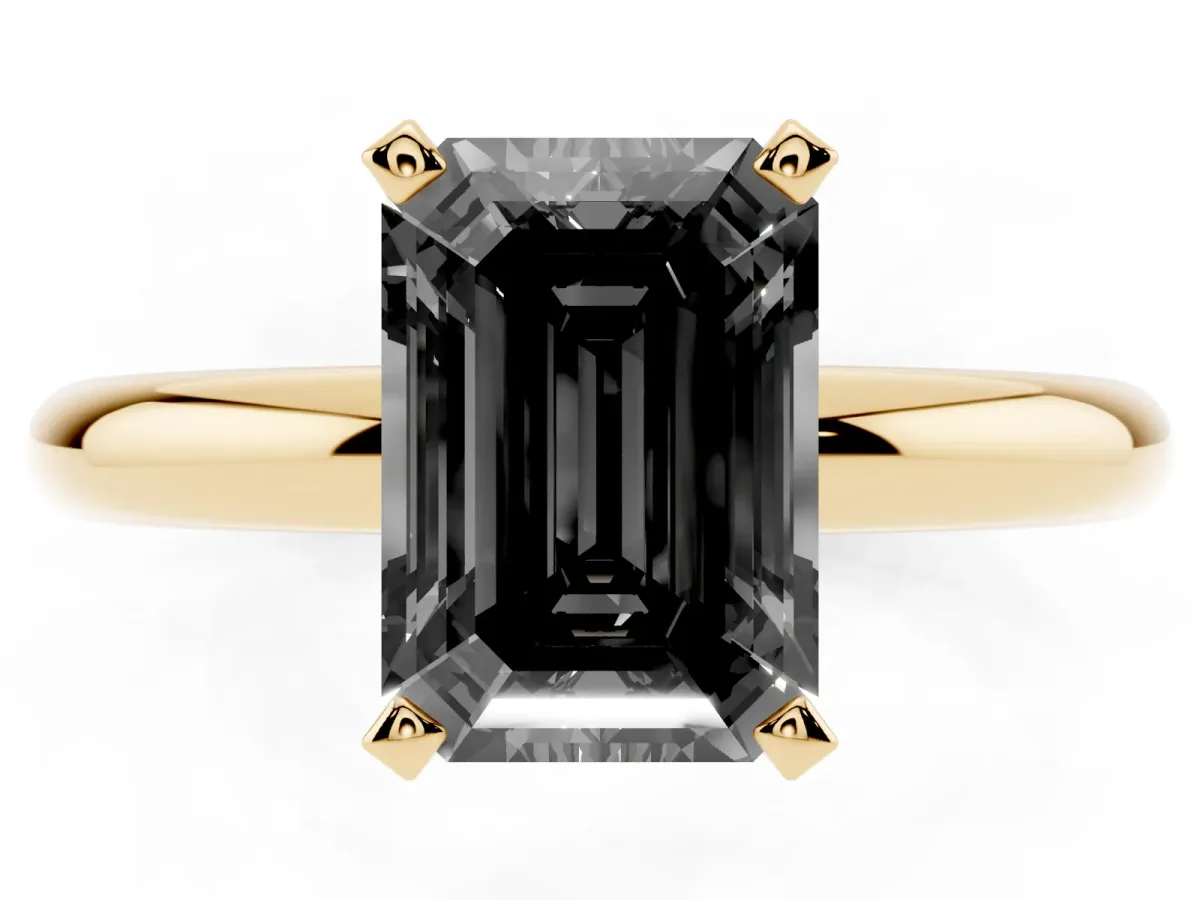 Fancy Black Emerald Cut Diamond Solitaire Engagement Ring with Round Band and Four-Prong Setting Yellow gold