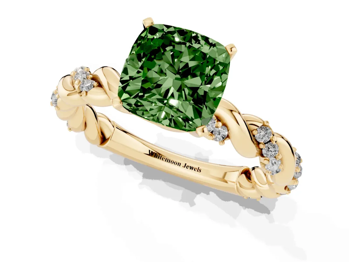 Fancy Green Cushion Cut Diamond Solitaire Ring with Twisted Band and Pavé Accents Yellow gold