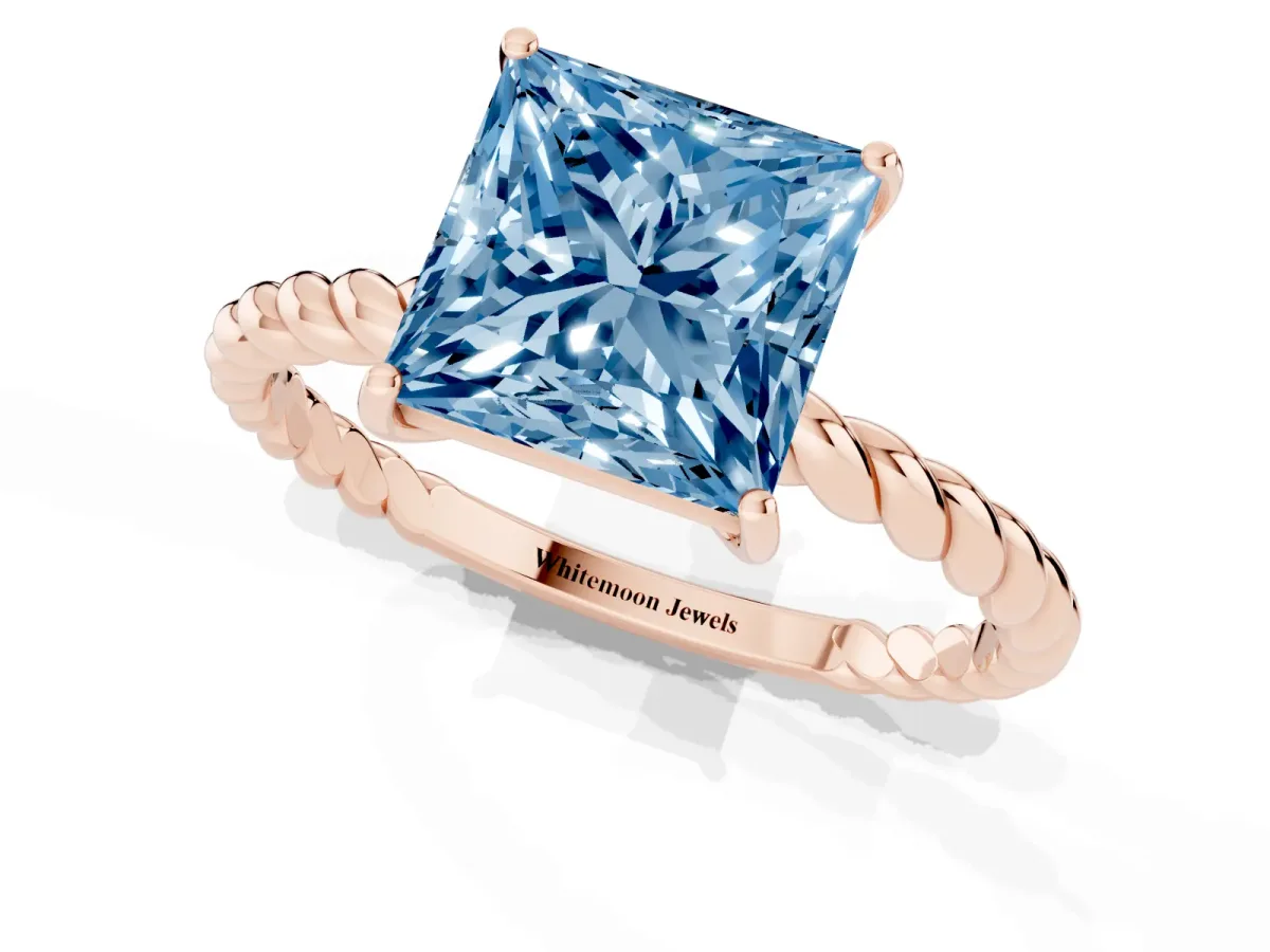 Fancy Blue Princess Cut Solitaire Twisted Band 4-Prong Ring Rose gold